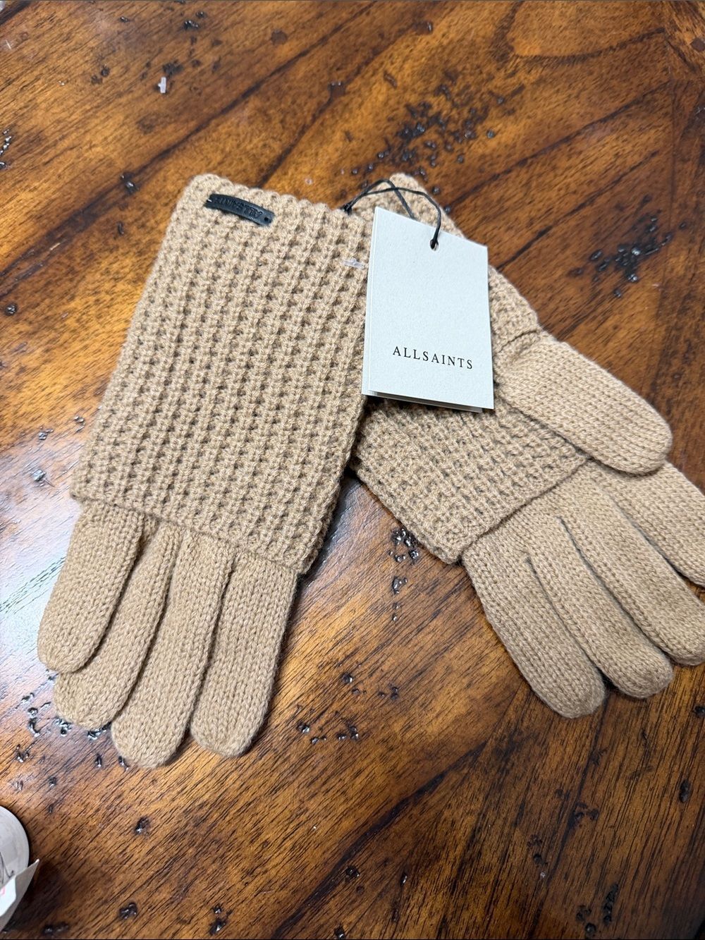 NWT All Saints Gloves Mixed Stitch Knit Wool Blend Outdoor Winter Tanning Brown